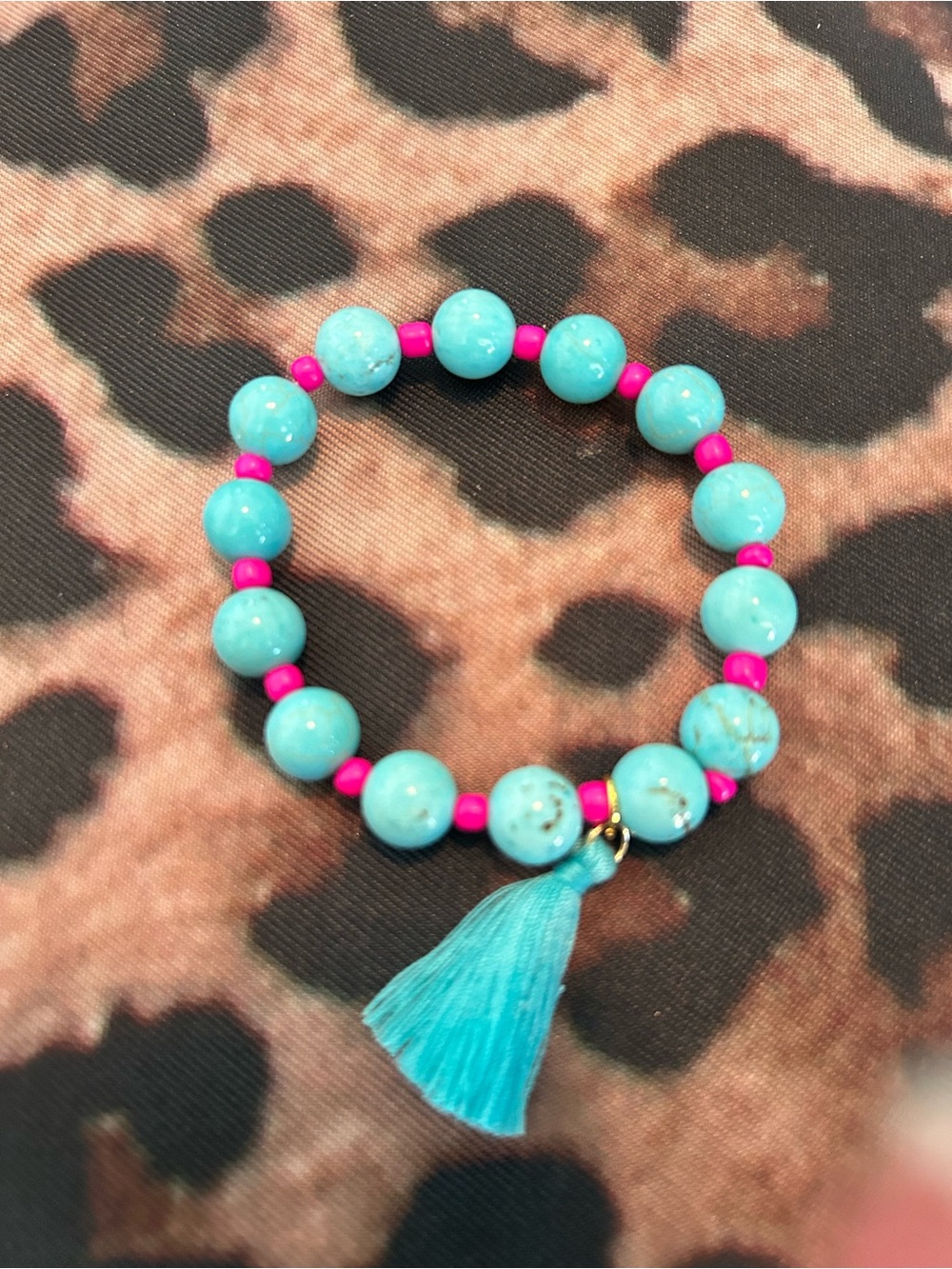 Hand Crafted Turquoise & Hot Pink Beaded Bracelet with Tassel